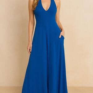 BLUIVY Royal Blue Wide Leg Halter Jumpsuit Small
